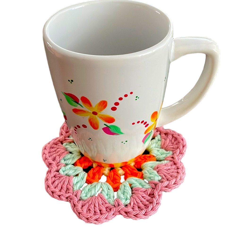 Hand Painted Mug + Matching Crochet Coaster - Unique Handmade Gift